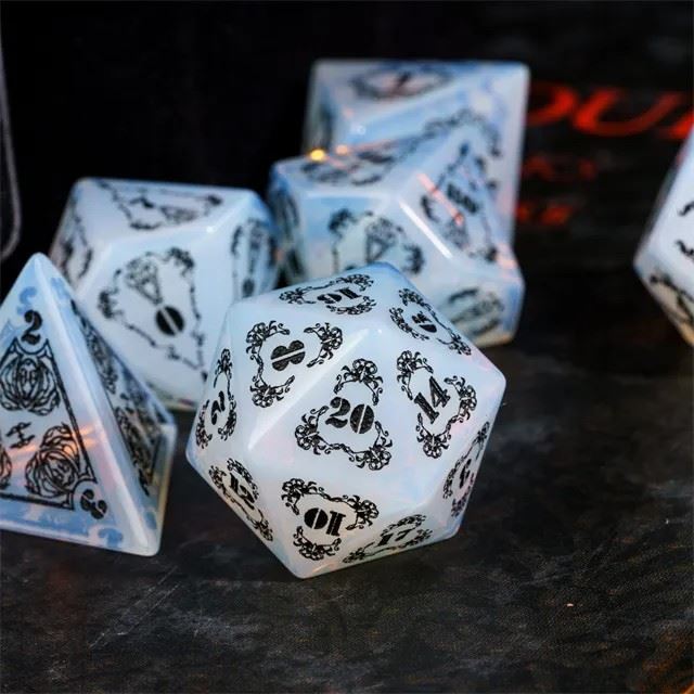 Skulls on White Opalite Gemstone - 7pcs RPG Dice Set