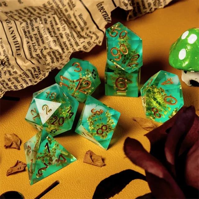 Yellow Flower in Clear & Green Filled Sharp Resin - 7pcs RPG Dice Set