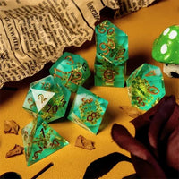 Thumbnail for Yellow Flower in Clear & Green Filled Sharp Resin - 7pcs RPG Dice Set