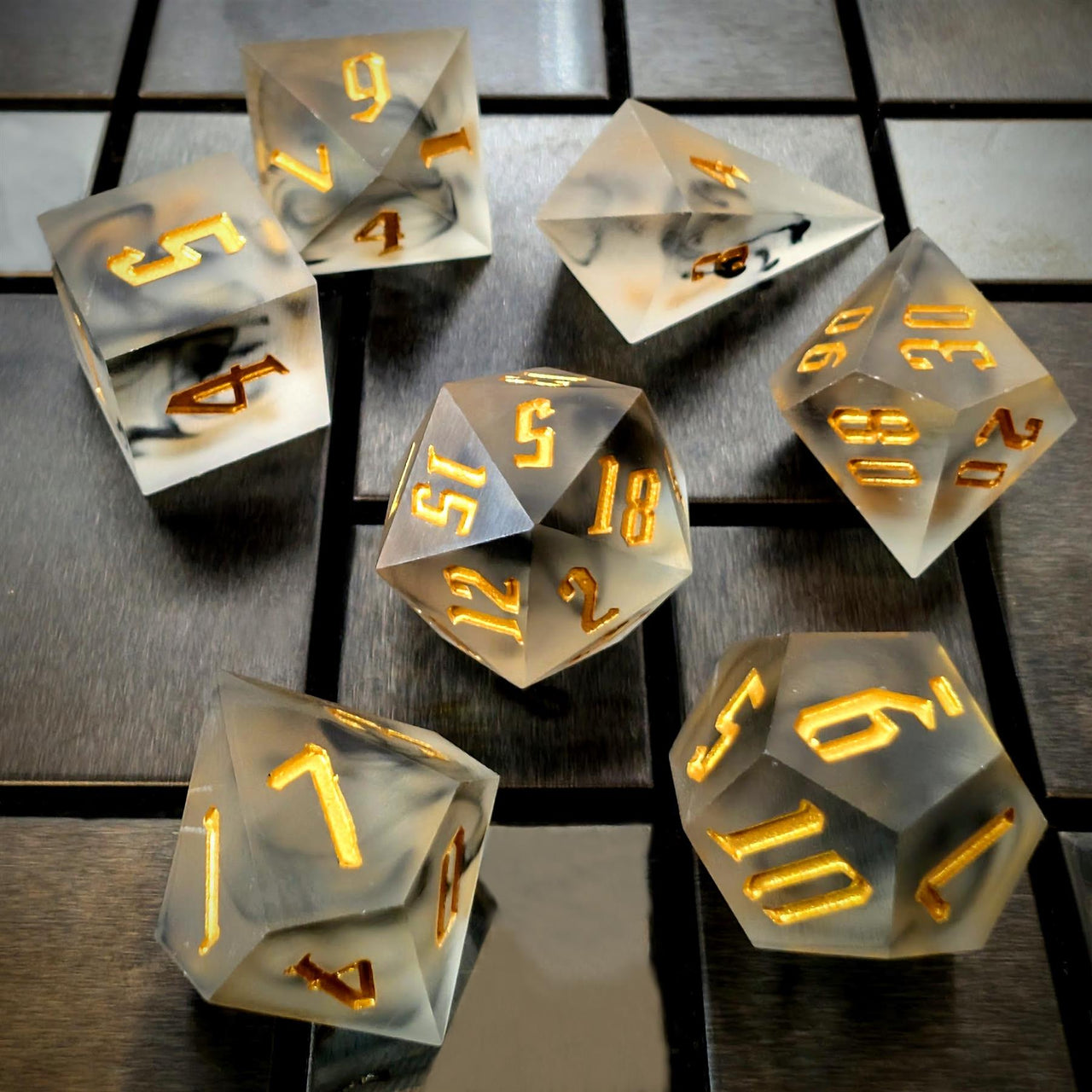 Black Swirl in Frosted Clear Sharp Resin - 7pcs RPG Dice Set
