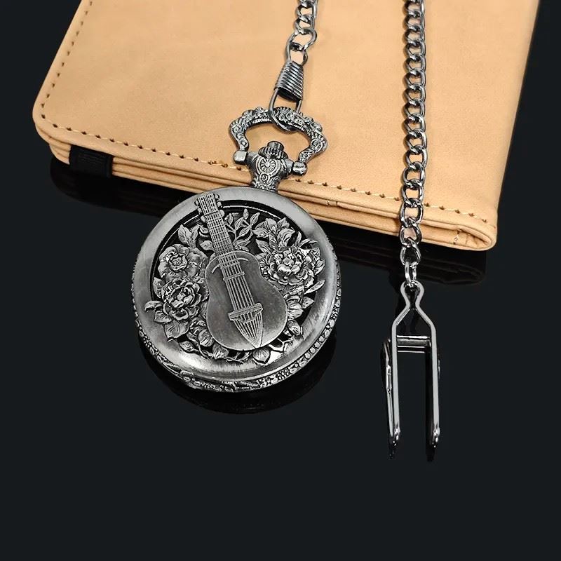 Guitar on Silver Pocket Watch with Mini Dice - Pendant