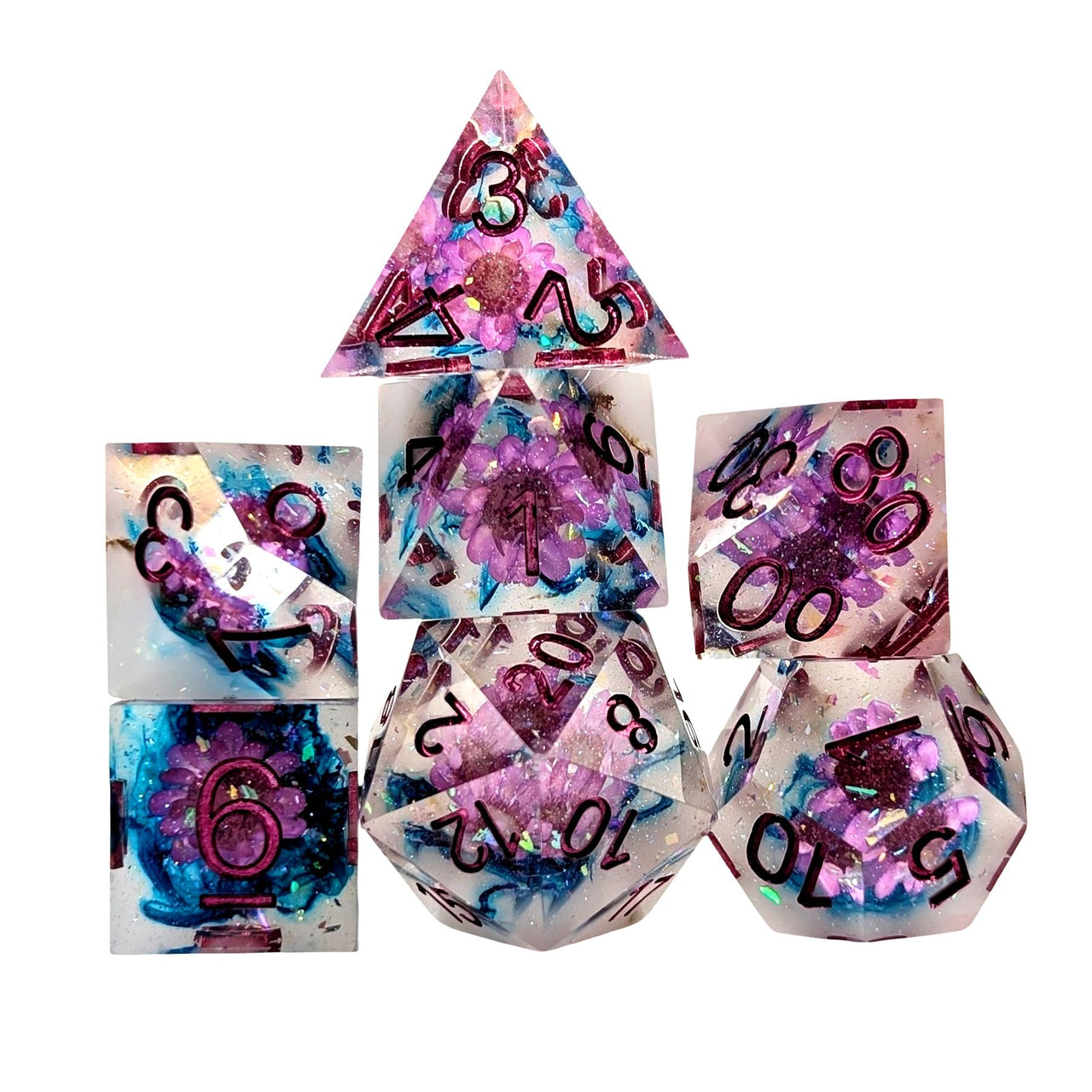 7pcs Dice Sharp Filled Purple Font Pink Flower Clear