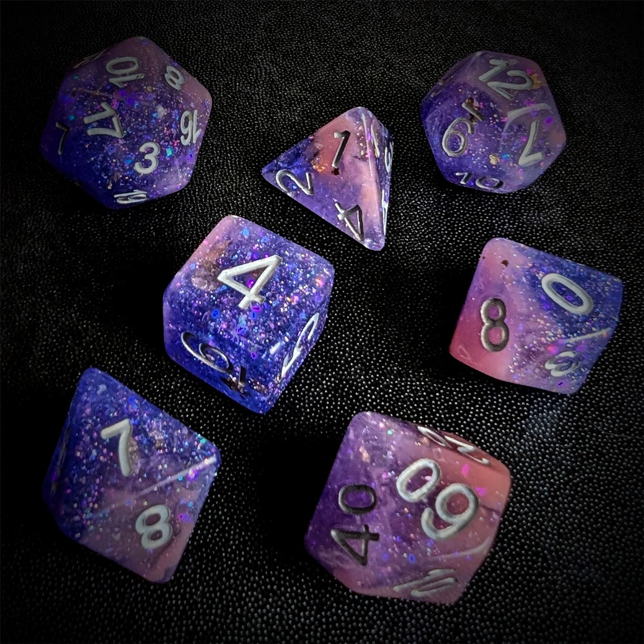 Glitter in Purple & Pink Resin - 7pcs RPG Full Dice Set