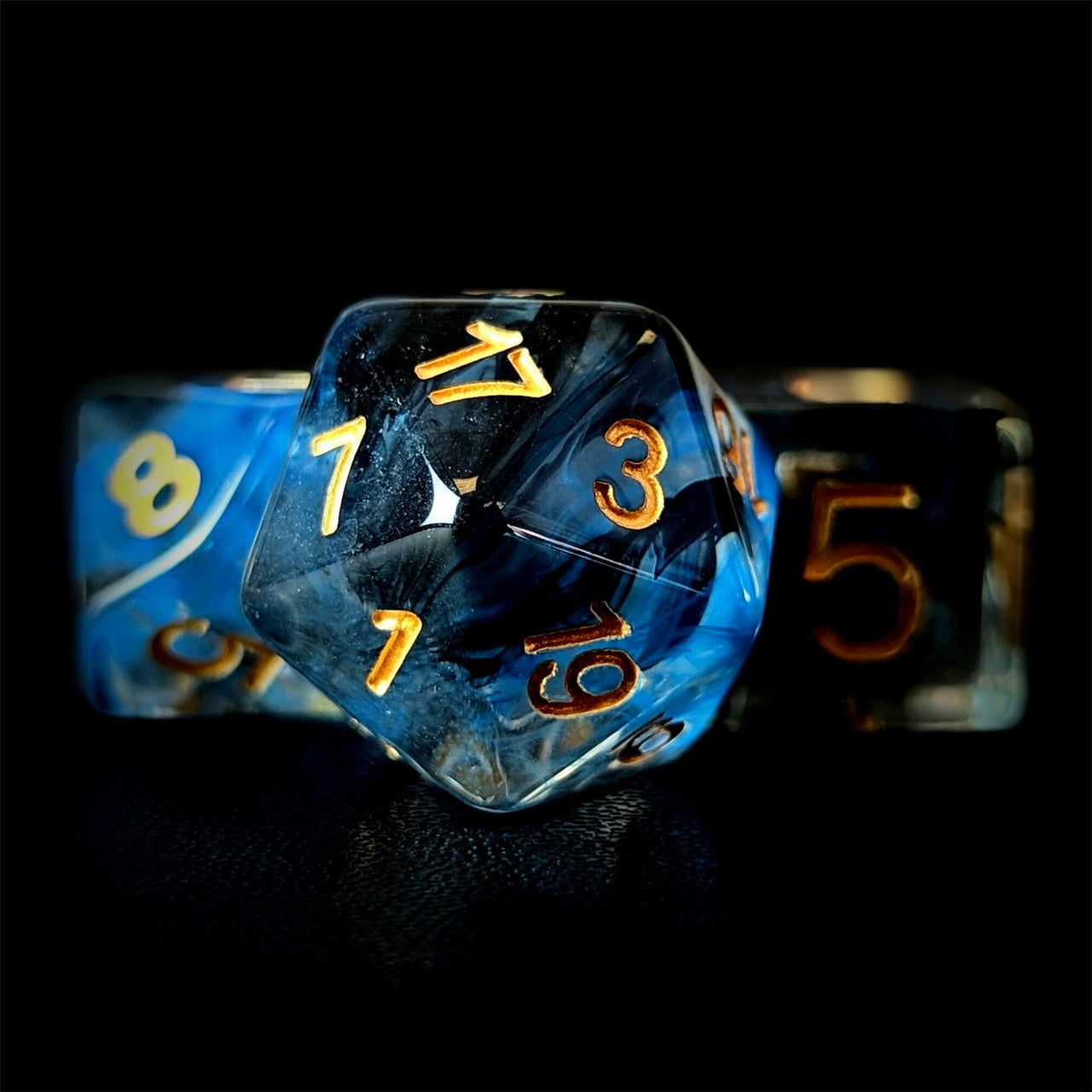 Blue & Black Swirl in Clear Resin - 7pcs RPG Full Dice Set