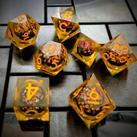 Thumbnail for Orange Beholder in Orange & Clear Liquid Filled Sharp Resin - 7pcs RPG Dice Set