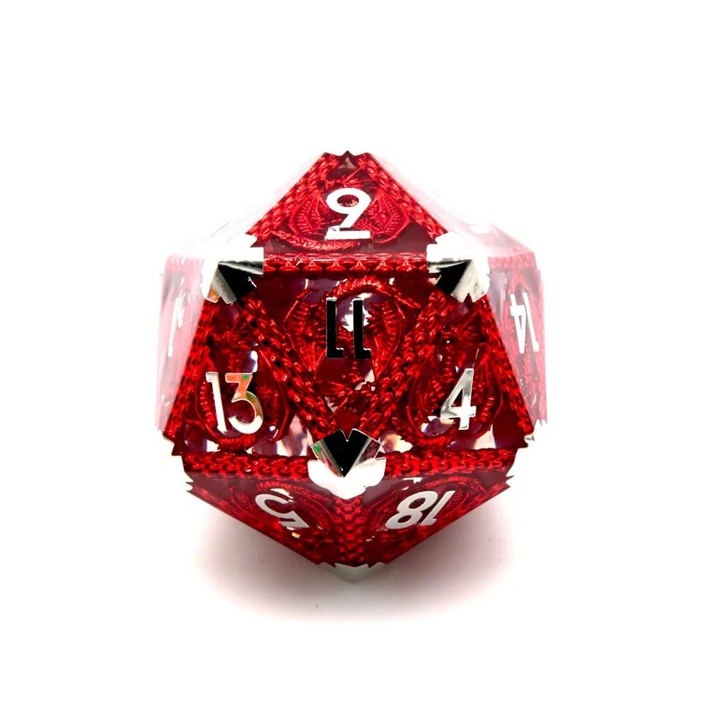 Dragon Scales on Red Metal & Resin  - 39mm D20 RPG Dice