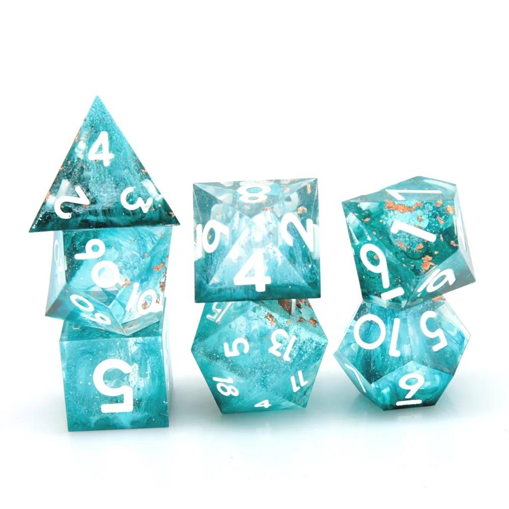 Blue Swirl in Teal with Gold Foil Sharp Resin - 7pcs RPG Dice Set