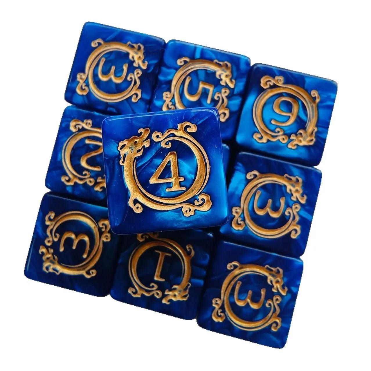 6pcs D6 17mm Dice Acrylic Blend Square Dragon Circle Gold Font Blue