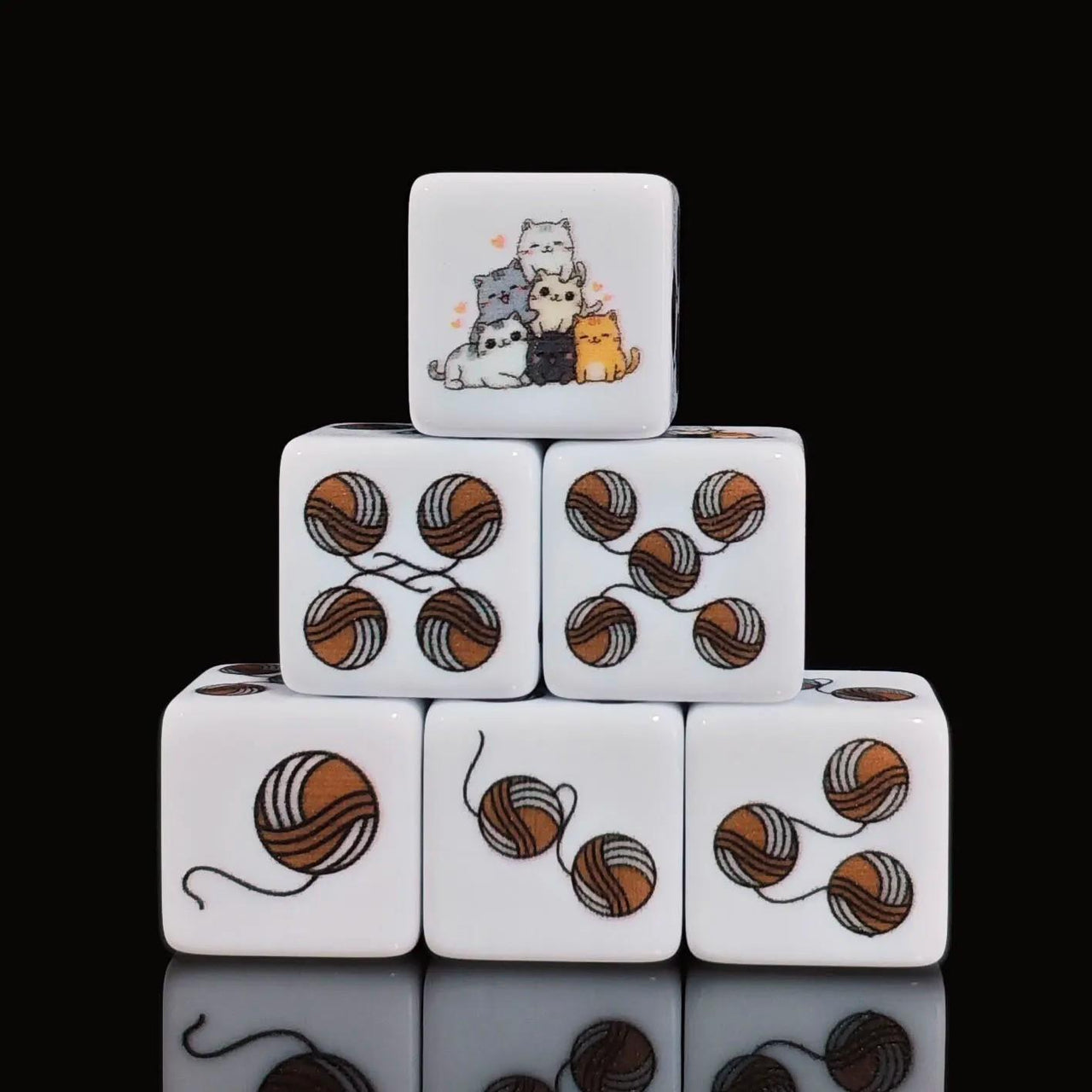 6pcs D6 16mm Dice Acrylic Printed Yarn Pips Cat Brown White