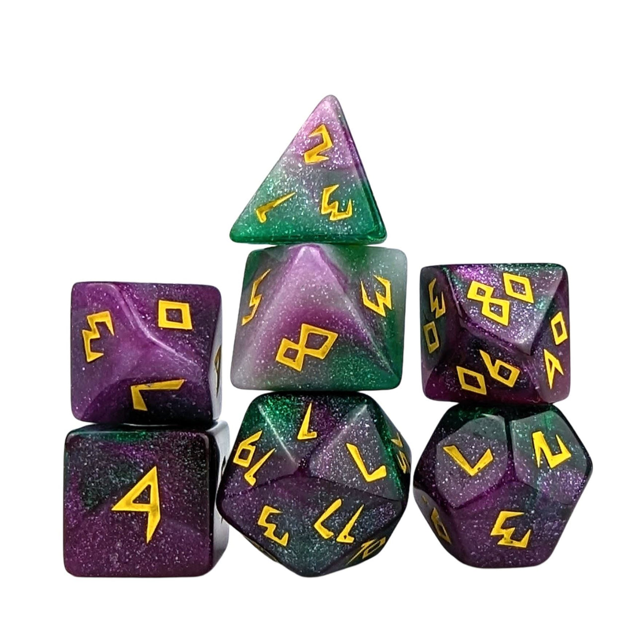 Glitter in Purple & Green Acrylic - 7pcs RPG Full Dice Set White Stack