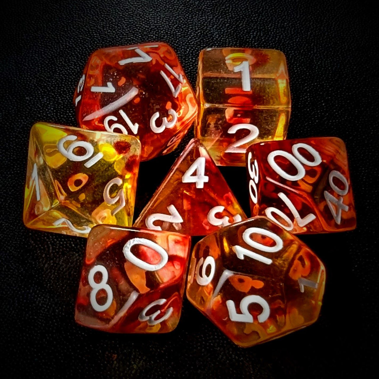 Red & Yellow Swirl in Clear Resin - 7pcs RPG Full Dice Set