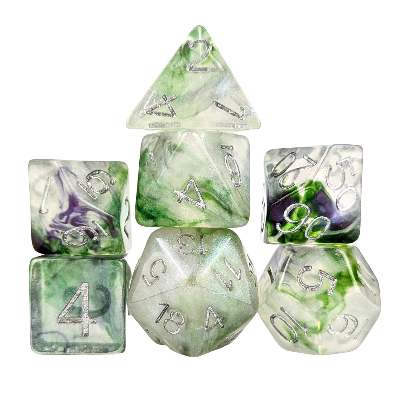 Glitter in White & Purple with Green Resin - 7pcs RPG Full Dice Set