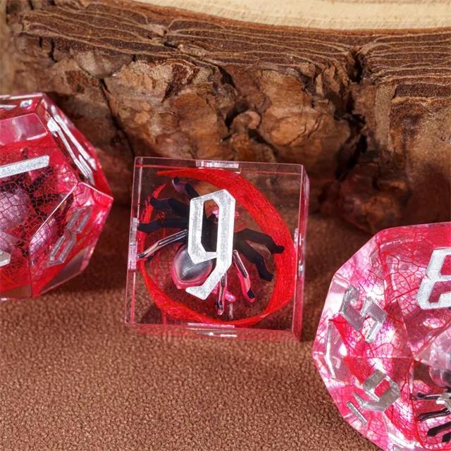 Spider in Clear & Red Filled Sharp Resin - 7pcs RPG Dice Set