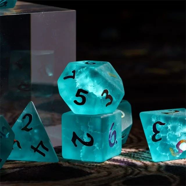 Cracked & Frosted Cyan Glass - 7pcs RPG Dice Set