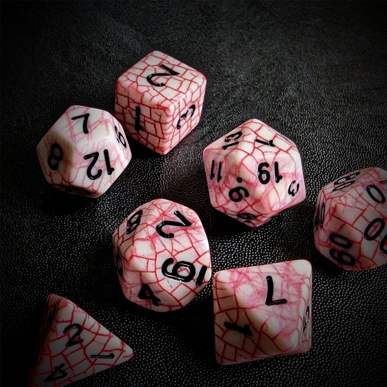 Cracked Red on White Acrylic - 7pcs RPG Full Dice Set Scatter