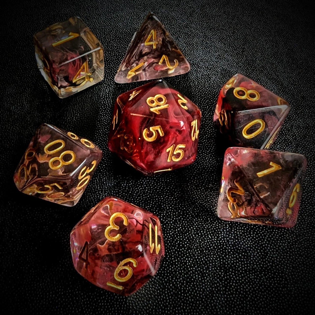 Black & Red Swirl in Clear Resin - 7pcs RPG Full Dice Set
