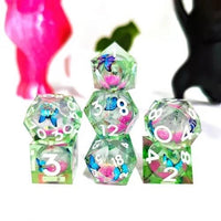 Thumbnail for 7pcs Dice Sharp Filled Liquid Glow Butterfly White Font Blue Green
