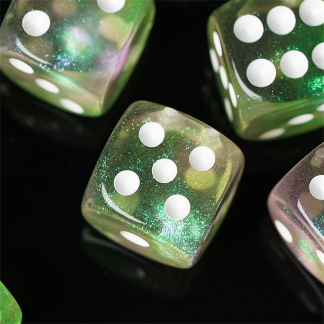 16mm Green & Pink Acrylic with Glitter - 6pcs D6 RPG Dice Set