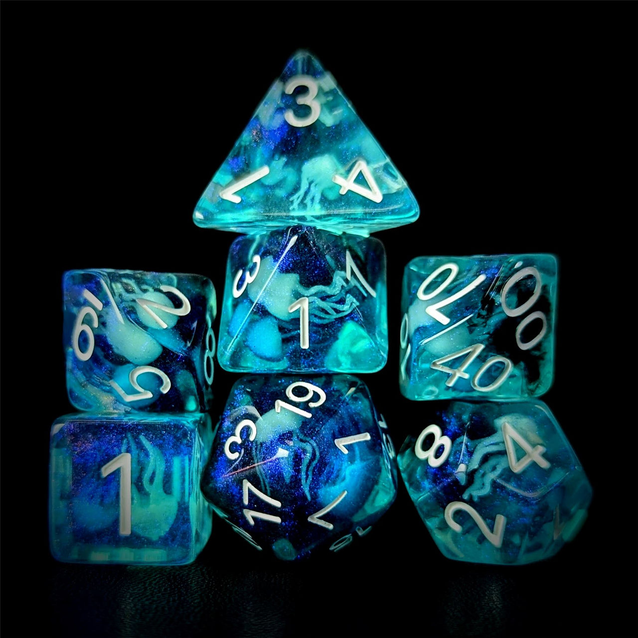 Glow in the Dark Jellyfish in Clear & Blue Resin - 7pcs RPG Full Dice Set