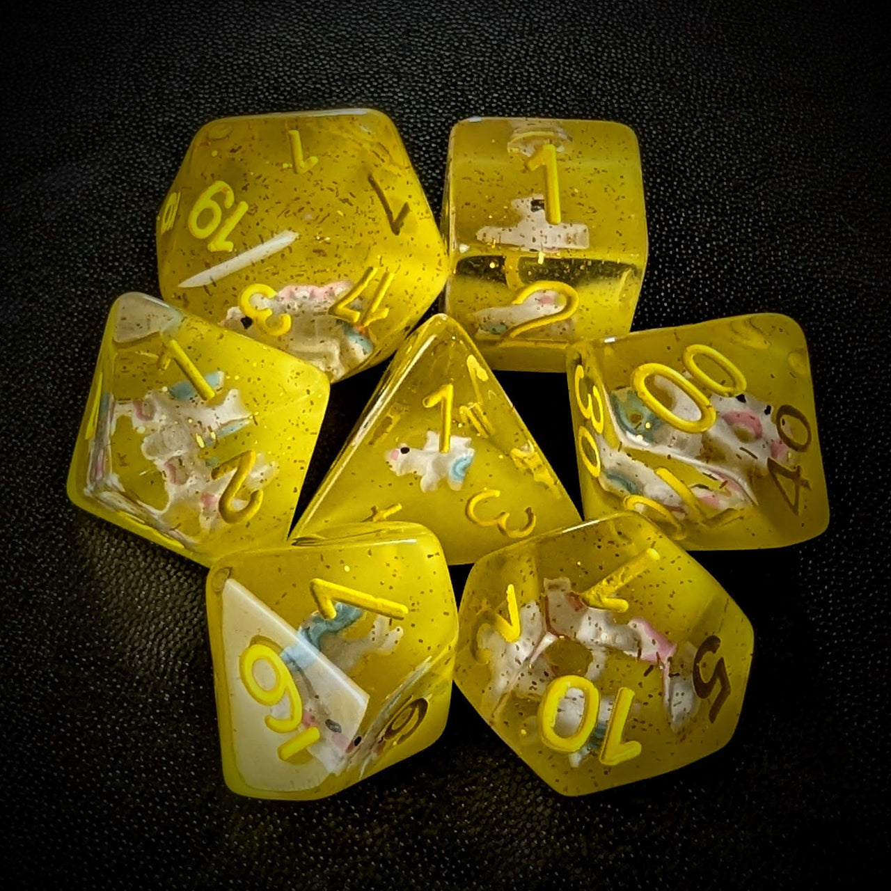 Unicorn in Clear & Yellow Resin - 7pcs RPG Full Dice Set