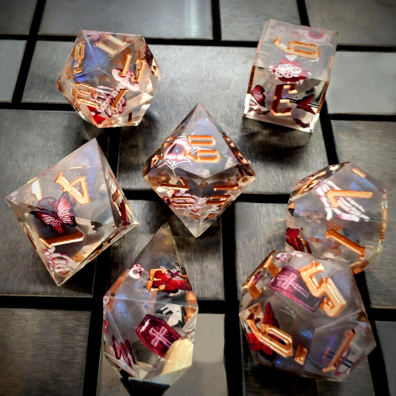 Halloween Butterfly in Clear Filled Sharp Resin - 7pcs RPG Dice Set