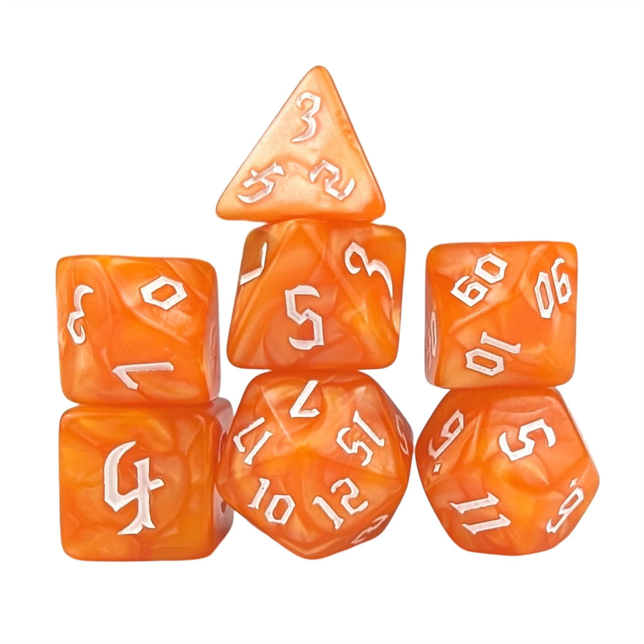 Orange Silk Acrylic - 7pcs RPG Full Dice Set White Stack