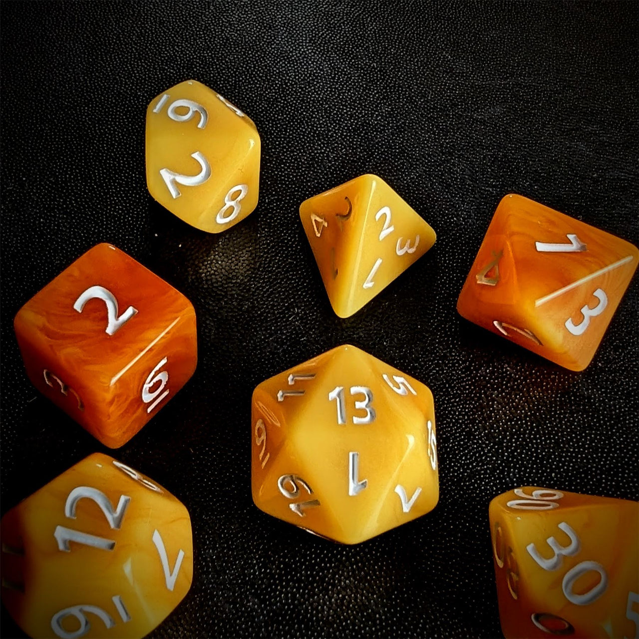 Blend of Orange & Yellow Acrylic - 7pcs RPG Full Dice Set Scatter