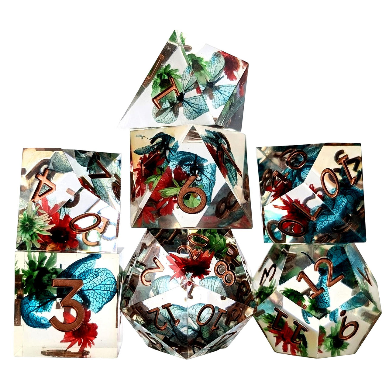 Red, Blue & Green Flowers in Clear Filled Sharp Resin - 7pcs RPG Dice Set