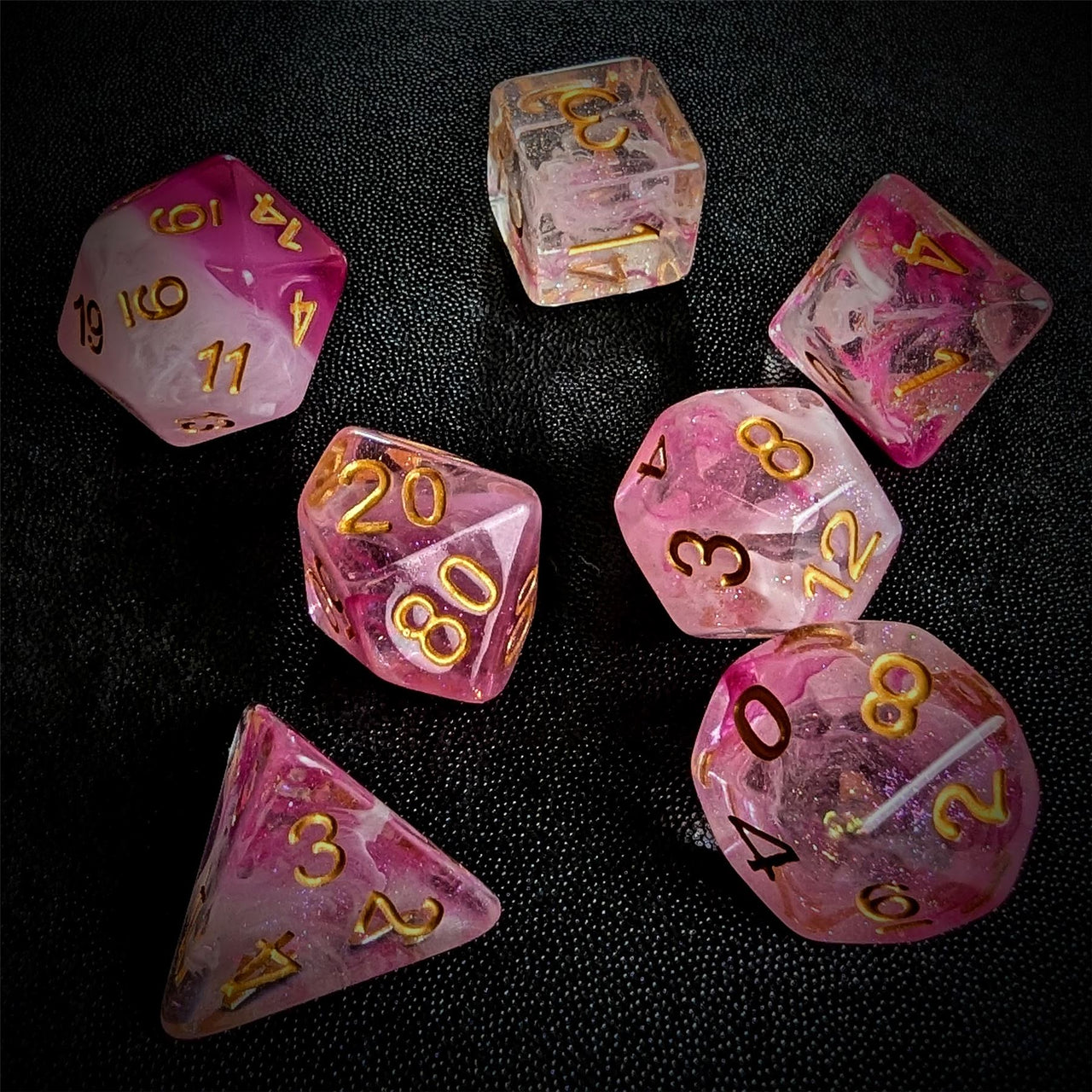 Pink & White Swirl in Clear Resin - 7pcs RPG Full Dice Set