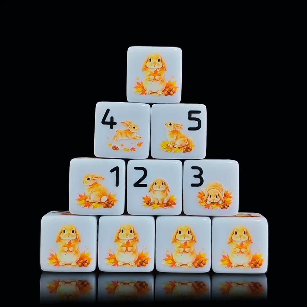 6pcs D6 16mm Dice Acrylic Printed Rabbit Black Font White