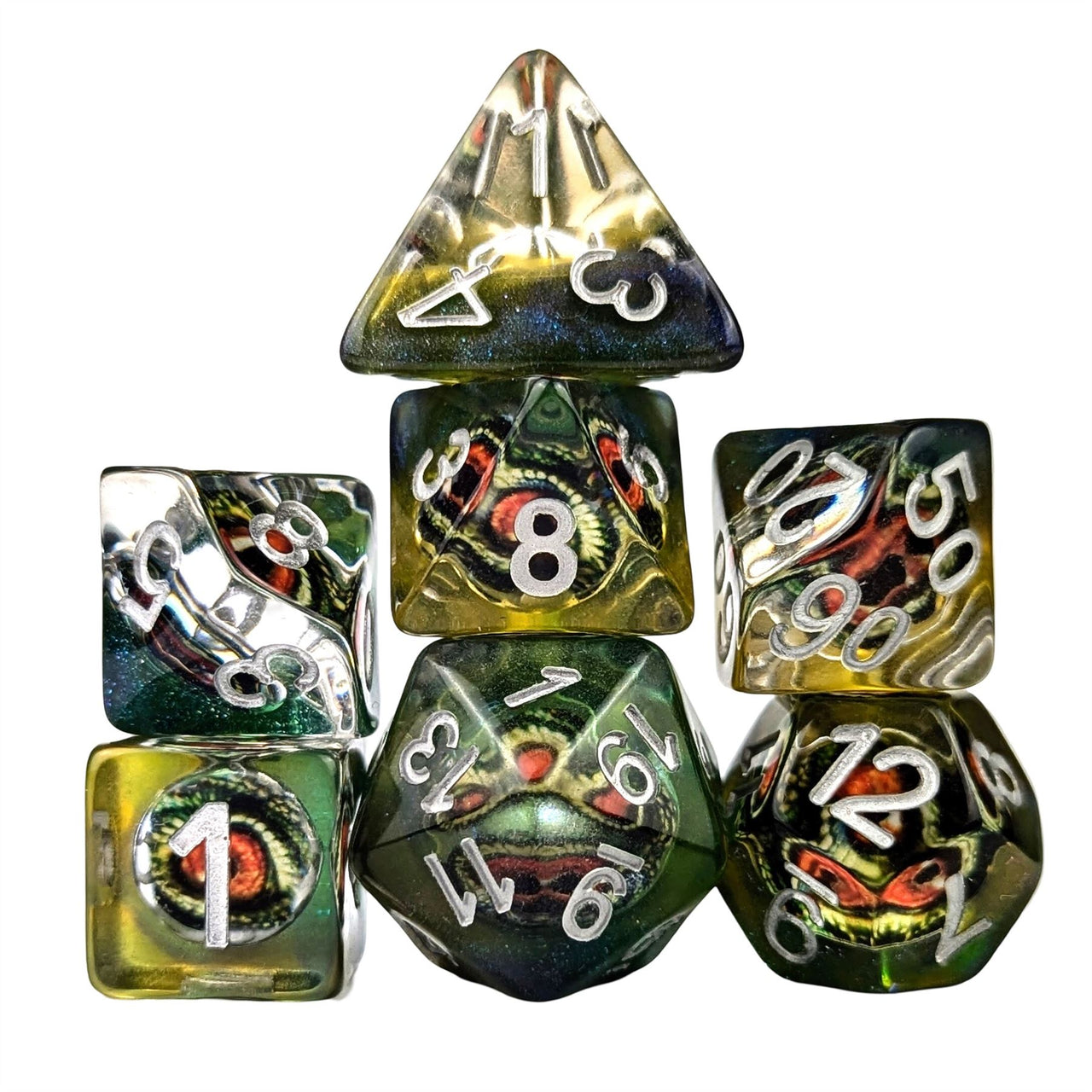 Demon Eye in Clear & Green Resin - 7pcs RPG Full Dice Set