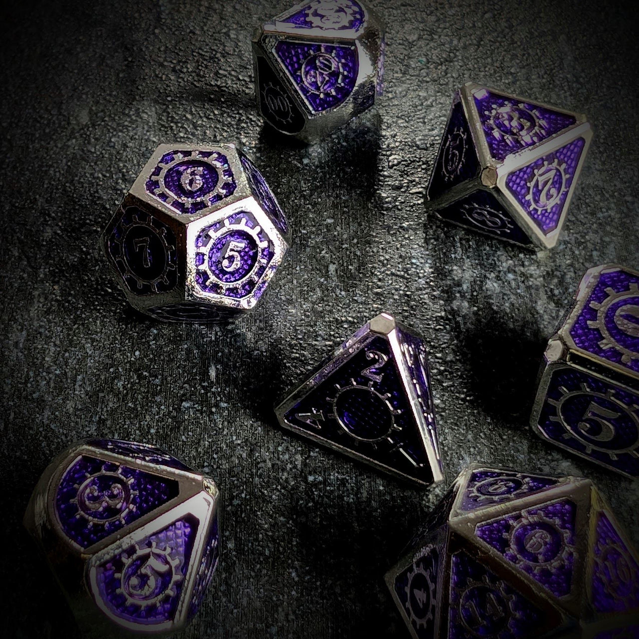 Gear in Purple Enamel Silver Metal - 7pcs RPG Dice Set