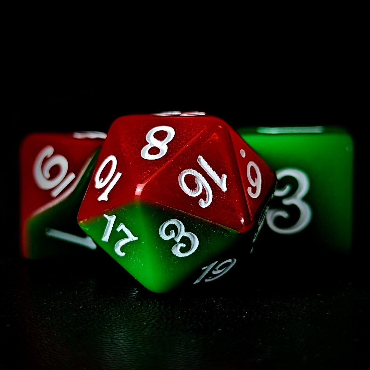 Blend of Red & Green Acrylic - 7pcs RPG Full Dice Set Close