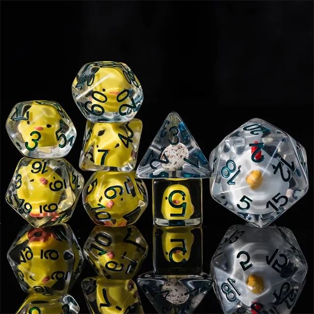 Chickens in Clear Resin with Oversized D20 - 8pcs RPG Dice Set