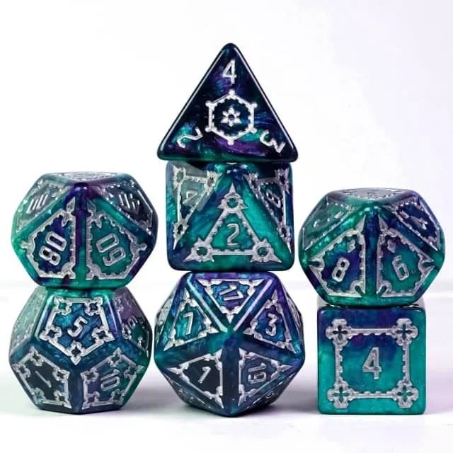 Castle on Purple & Teal Resin - 7pcs RPG Oversized Dice Set