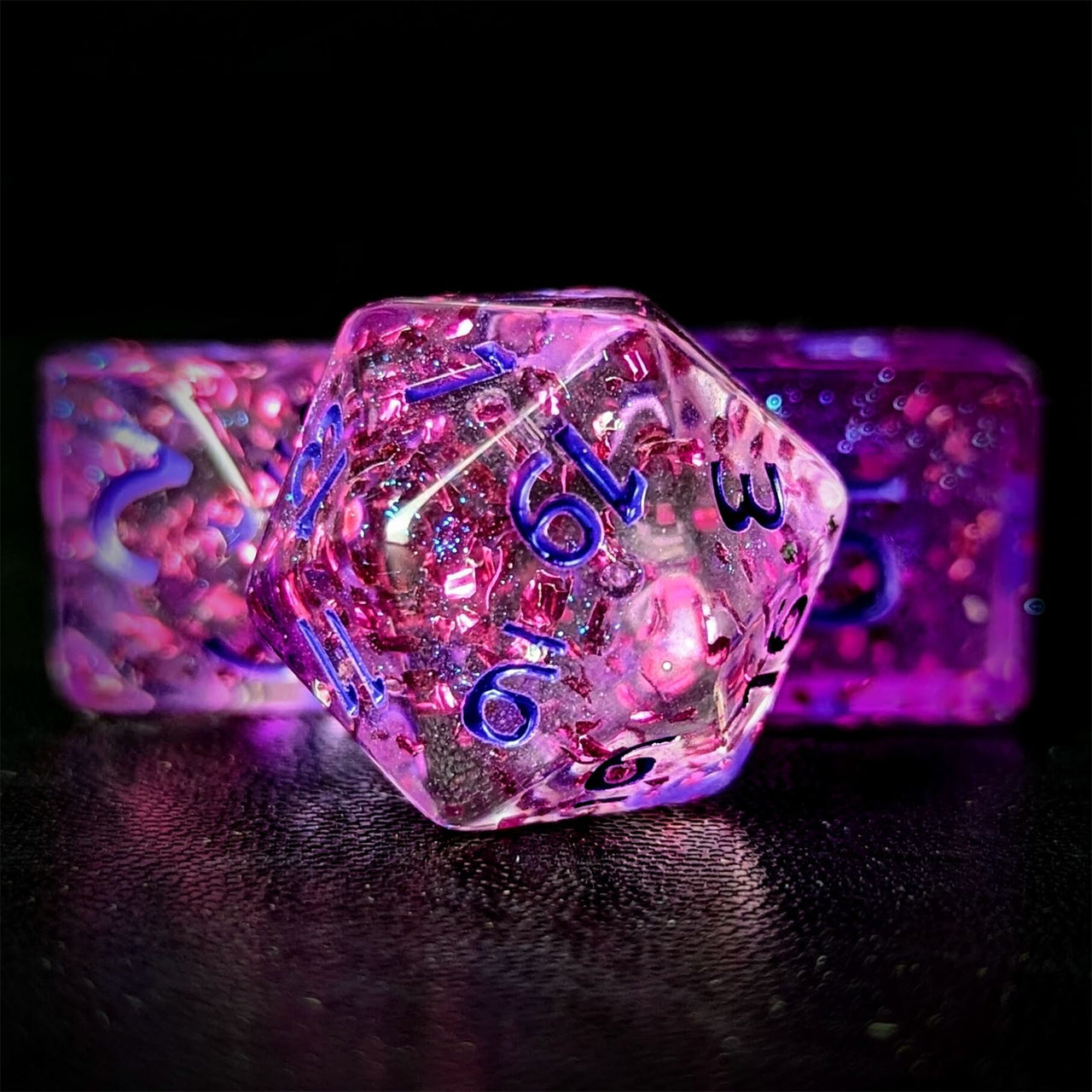 Glitter in Clear Pink Acrylic - 7pcs RPG Full Dice Set Close