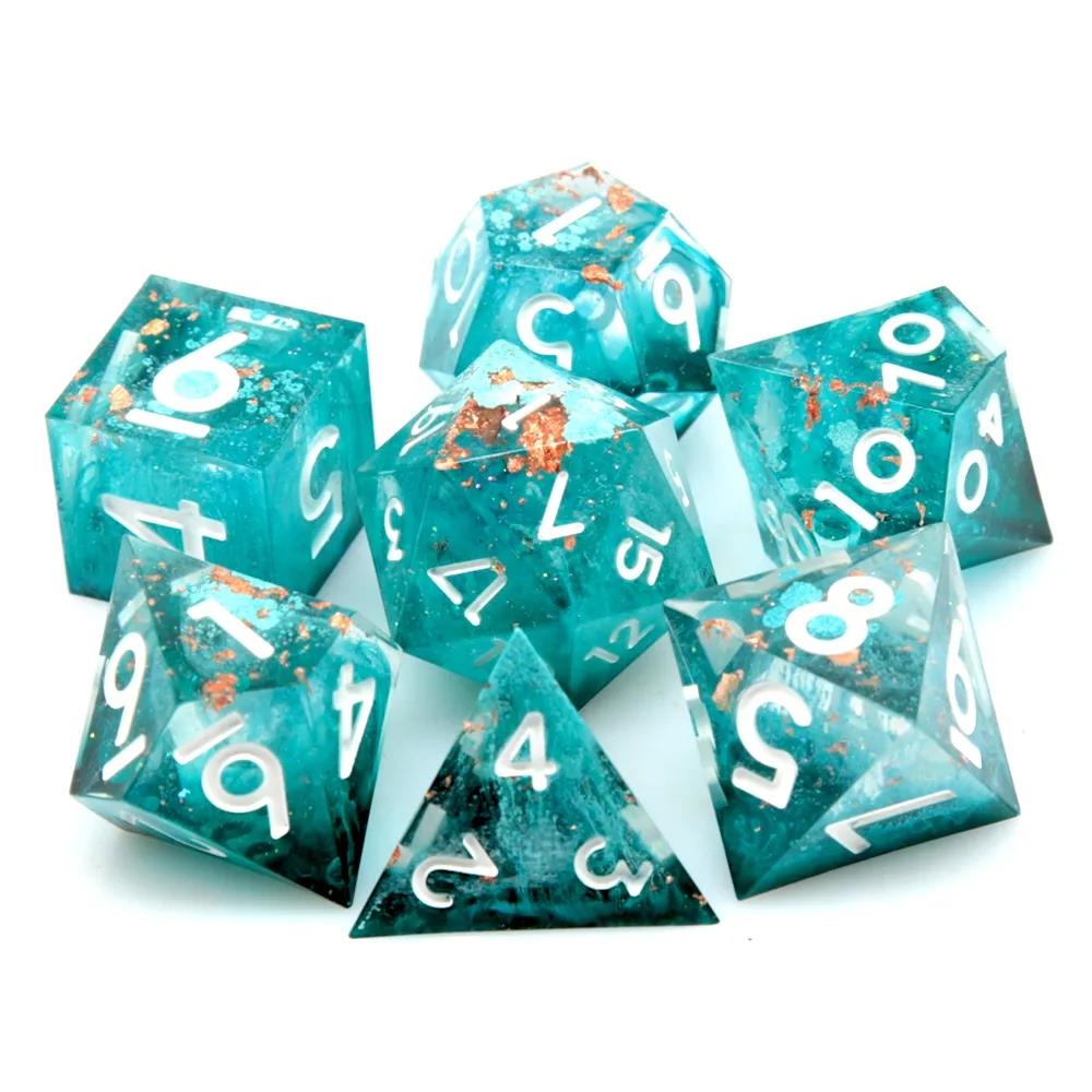 Blue Swirl in Teal with Gold Foil Sharp Resin - 7pcs RPG Dice Set