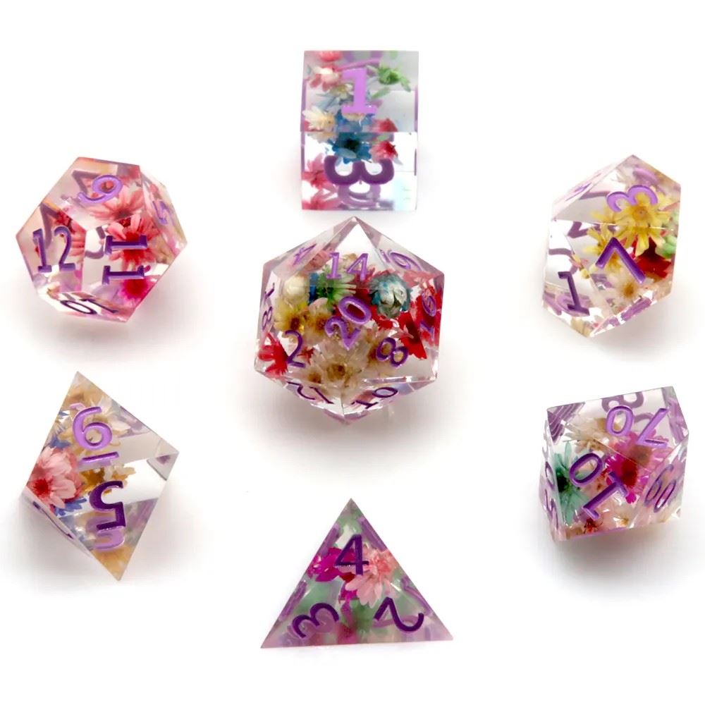 Flowers in Clear Filled Sharp Resin - 7pcs RPG Dice Set