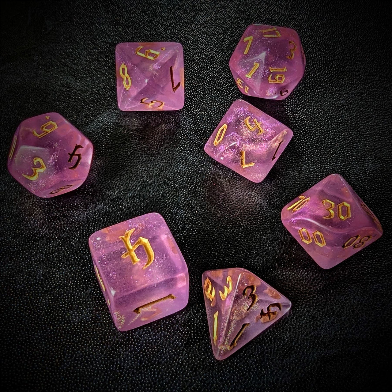 Glitter in Clear Pink Acrylic - 7pcs RPG Full Dice Set Scatter