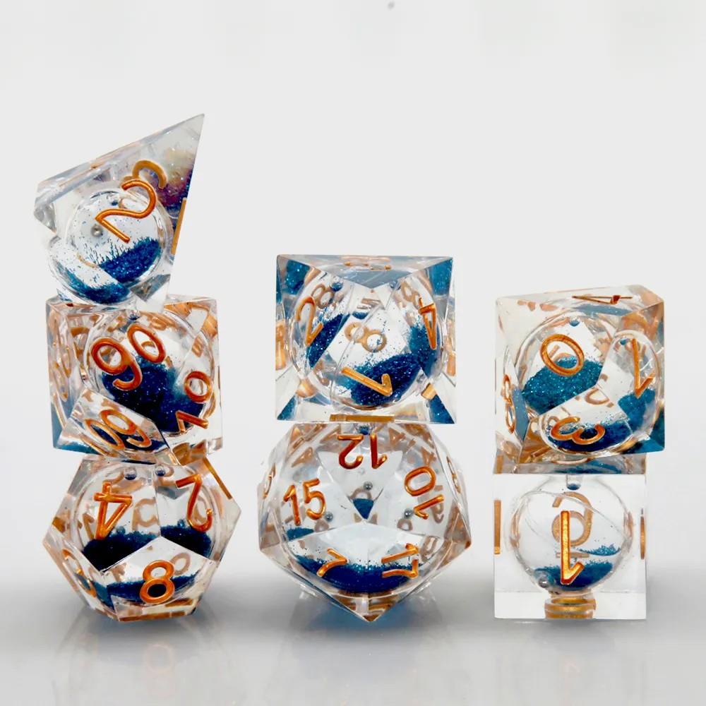 Blue Sand in Clear Liquid Filled Sharp Resin - 7pcs RPG Dice Set