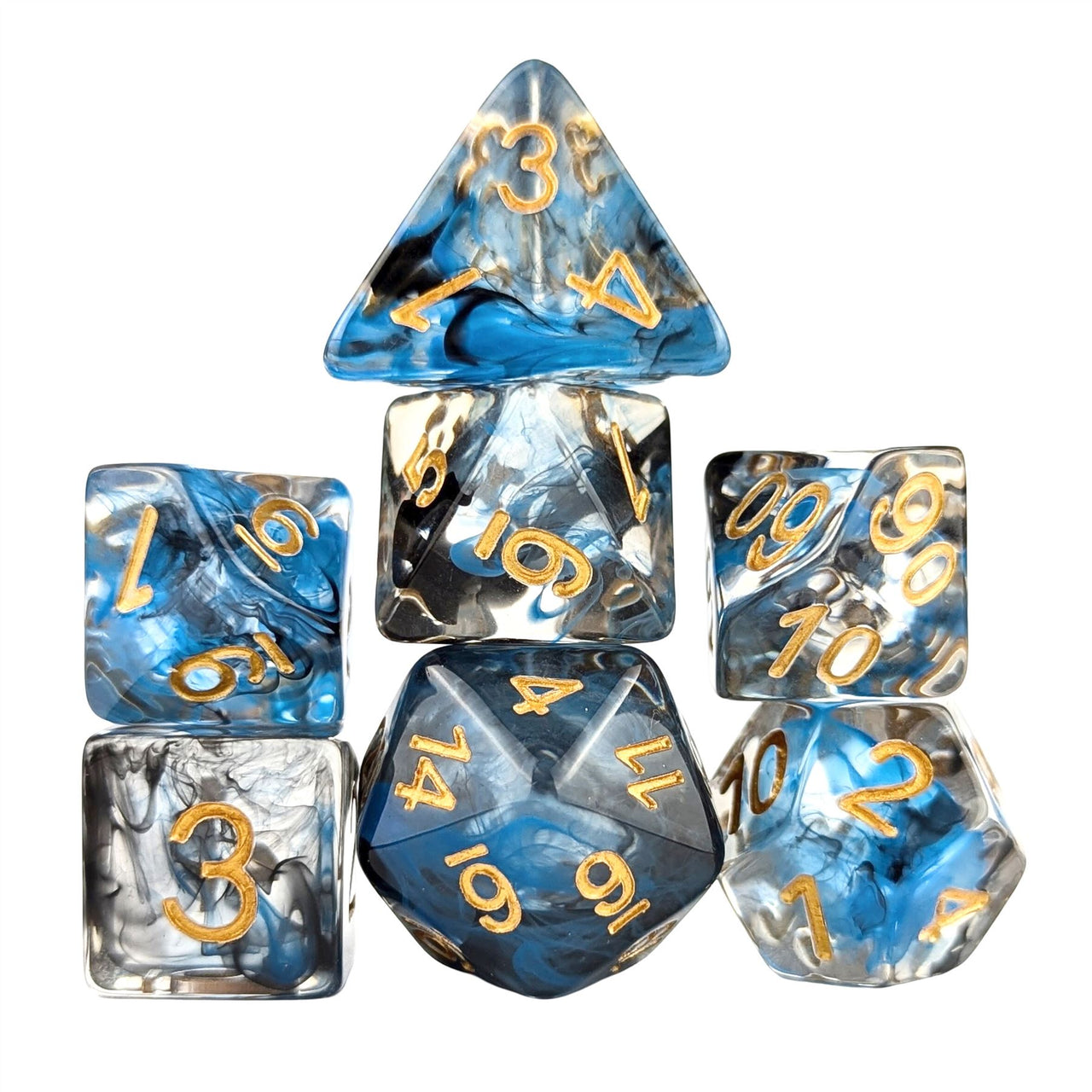 Blue & Black Swirl in Clear Resin - 7pcs RPG Full Dice Set