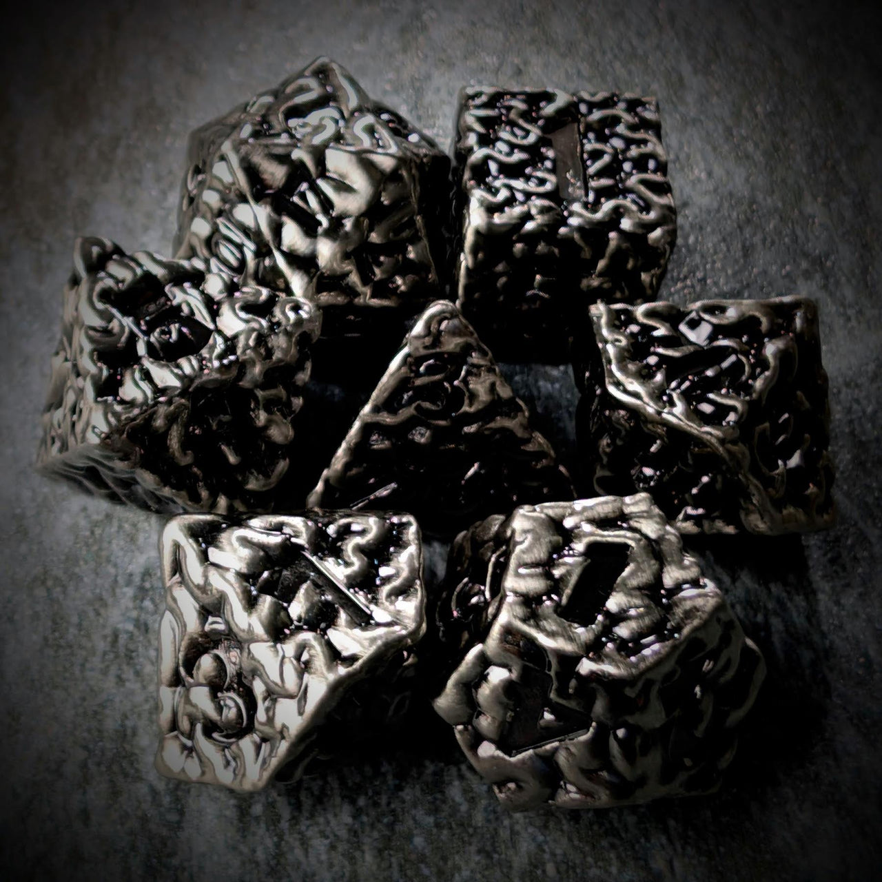 7pcs RPG Dice Set - Black Wash over Silver Metal Brains