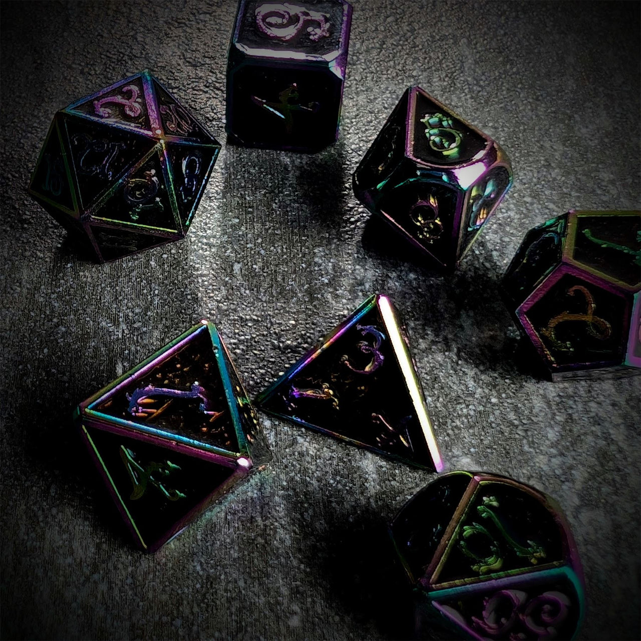 Black Enamel in Rainbow Metal - 7pcs RPG Dice Set