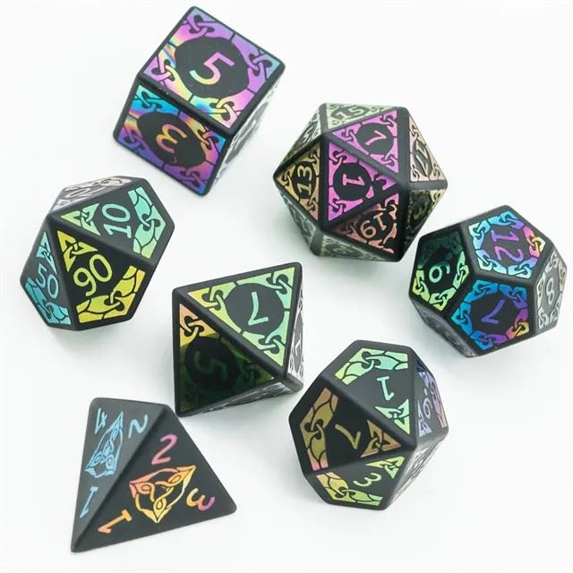 Celtic Knot on Black Obsidian Gemstone - 7pcs RPG Dice Set