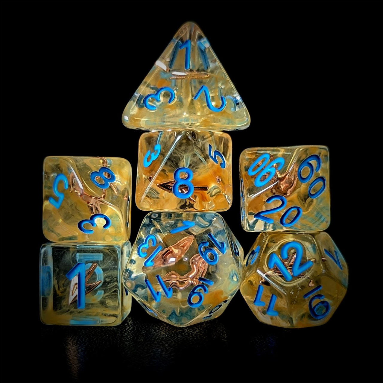 Arrow in Clear & Orange Resin - 7pcs RPG Full Dice Set