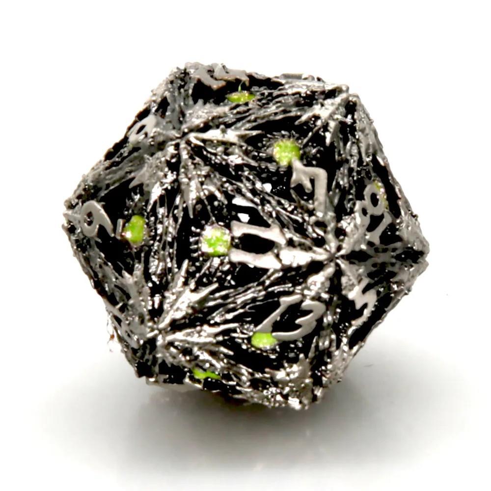 Green Devils Eye in Silver Metal - Hollow D20 RPG Dice