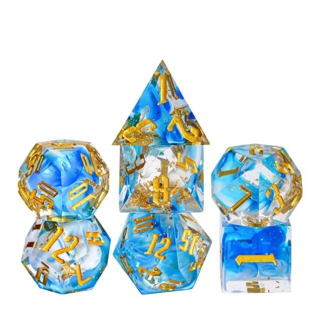 7pcs Dice Sharp Swirl Gold Font Blue Clear