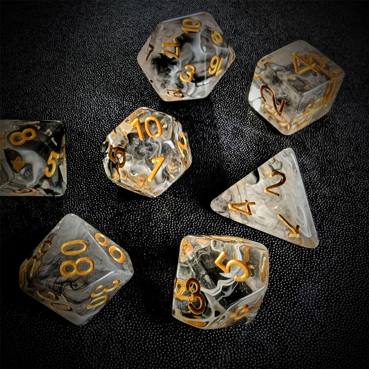 Black & White Swirl in Clear Resin - 7pcs RPG Full Dice Set