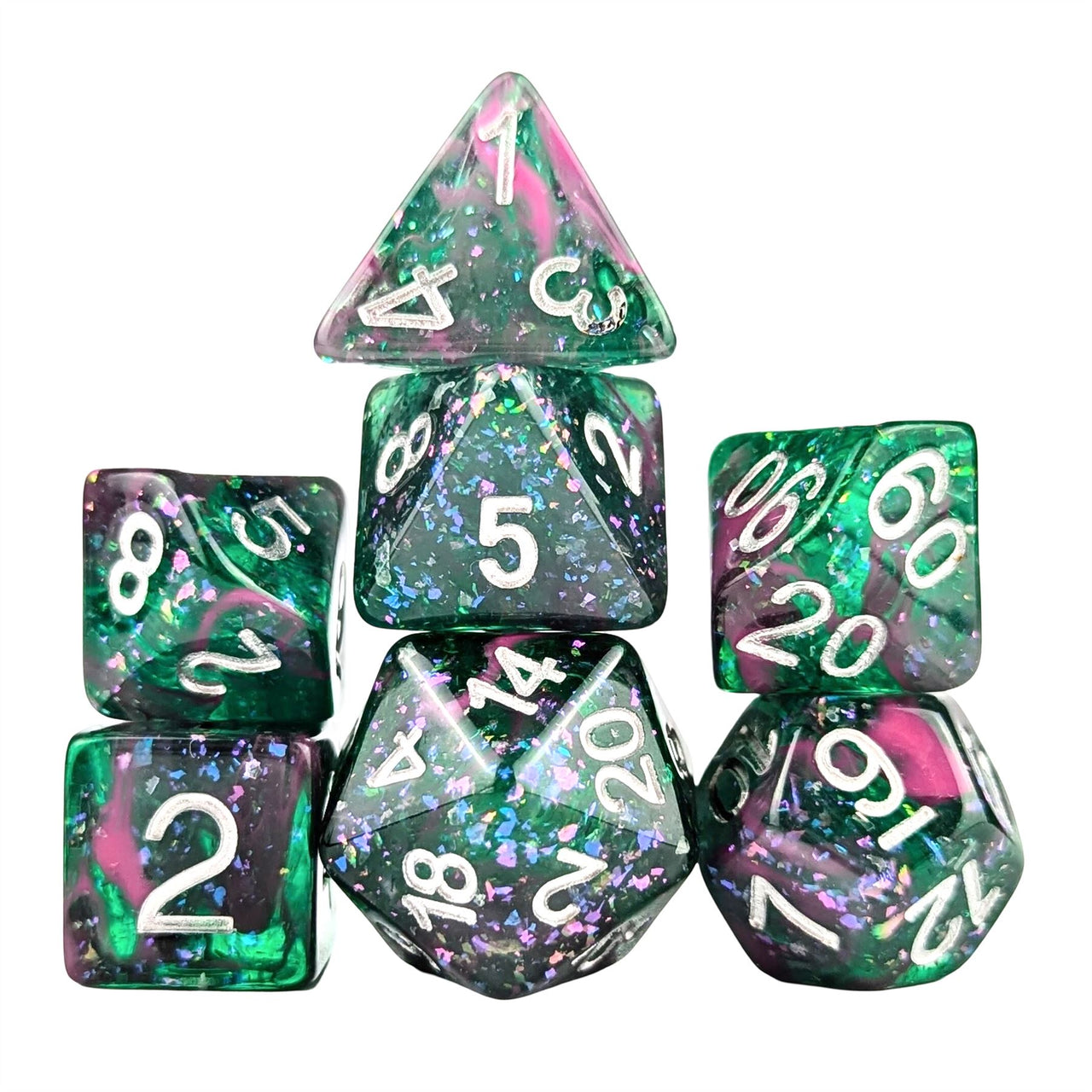 Glitter in Green & Pink Resin - 7pcs RPG Full Dice Set