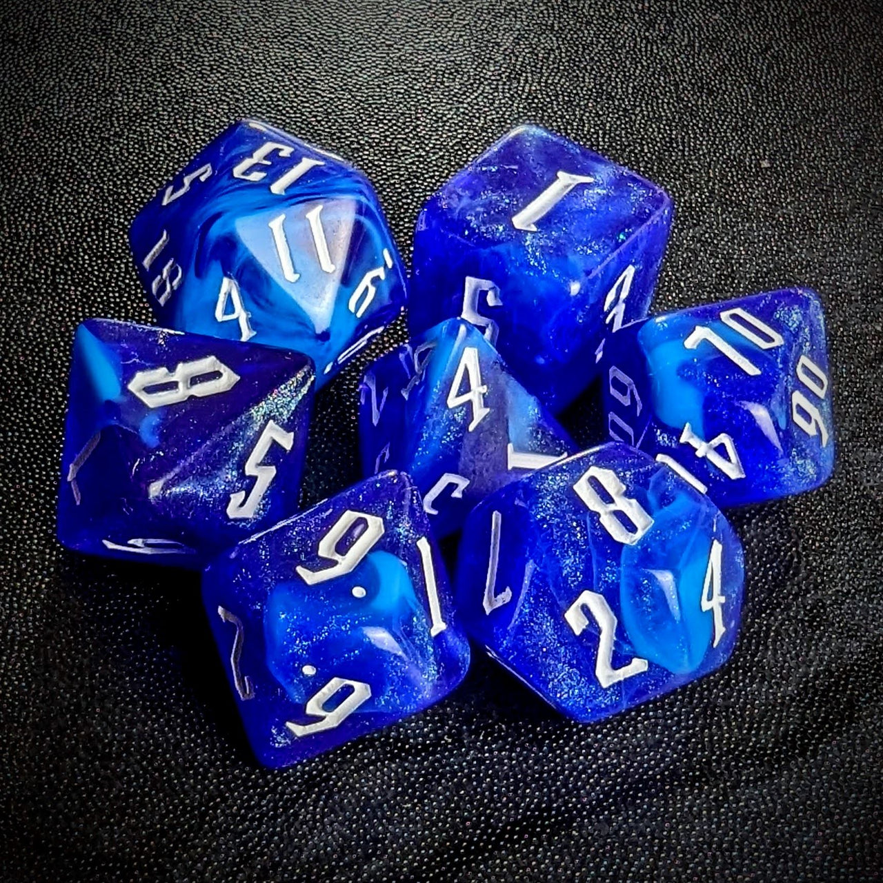 Glitter in Royal Blue & White Acrylic - 7pcs RPG Full Dice Set Top